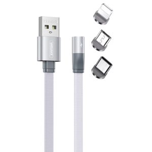 کابل شارژ سه سر مگنتی مغناطیسی تبدیل USB به USB-C/لایتنینگ/Micro USB ریمکس مدل Magnetic 169th_3in1 با شدت جریان 2.1 آمپر و مقطع تخت بافته شده و ضد گره دارای led نوری و طول 1 متر