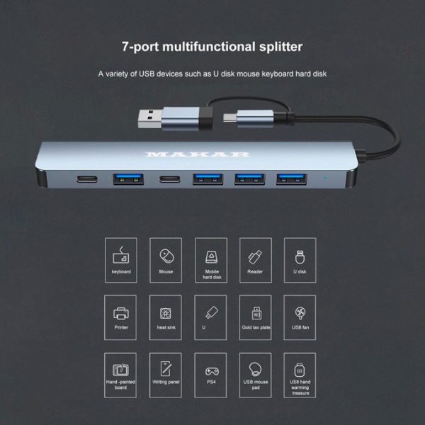 هاب و رم‌ریدر دو‌سر USB و Type-c ماکار مدل 7in1 MK-HU243 دارای پورت‌های‌USB Type-C ,USB 3.0‌و USB 2.0‌و کارت‌خوان‌های SD و TF با قابلیت اتصال آداپتور PD 5W