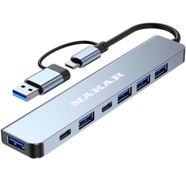 هاب و رم‌ریدر دو‌سر USB و Type-c ماکار مدل 7in1 MK-HU243 دارای پورت‌های‌USB Type-C ,USB 3.0‌و USB 2.0‌و کارت‌خوان‌های SD و TF با قابلیت اتصال آداپتور PD 5W