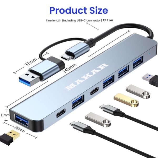 هاب و رم‌ریدر دو‌سر USB و Type-c ماکار مدل 7in1 MK-HU243 دارای پورت‌های‌USB Type-C ,USB 3.0‌و USB 2.0‌و کارت‌خوان‌های SD و TF با قابلیت اتصال آداپتور PD 5W