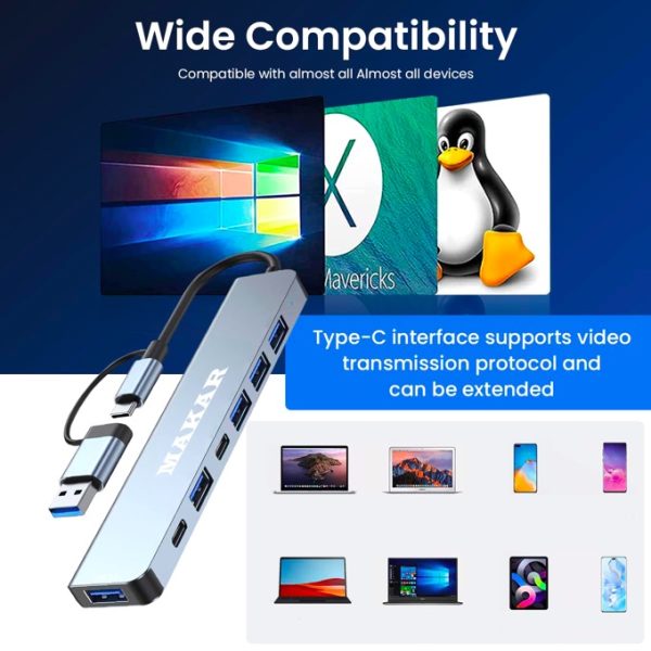 هاب و رم‌ریدر دو‌سر USB و Type-c ماکار مدل 7in1 MK-HU243 دارای پورت‌های‌USB Type-C ,USB 3.0‌و USB 2.0‌و کارت‌خوان‌های SD و TF با قابلیت اتصال آداپتور PD 5W