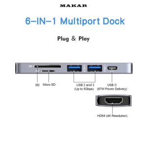 هاب داک استیشن 6 پورت ماکار مدل MK-DOCK-4K HDMI با خروجی HDMI و PD 11 کلیه پورت ها و خروجی HDMI