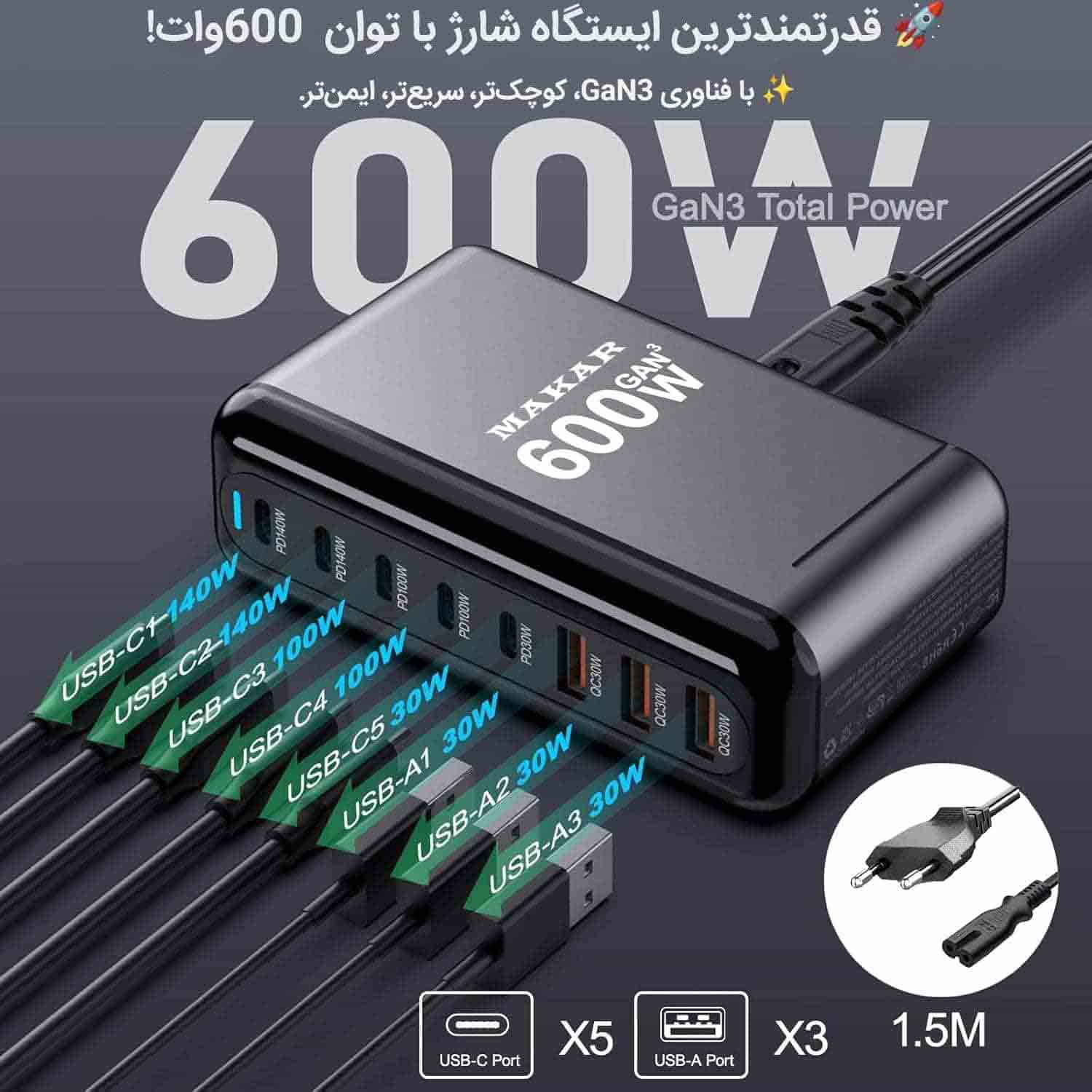ایستگاه شارژ رومیزی 600 وات 8 پورت ماکار مدل 600W-Desktop تکنولوژی GAN3 2 ایستگاه شارژ رومیزی 600 وات 8 پورت ماکار مدل 600W-Desktop
