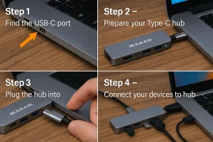 هاب تایپسی (USB-C Hub) چیست و چطور به لپتاپ شما متصل میشود؟ راهنمای تصویری 4 مراحل اتصال هاب