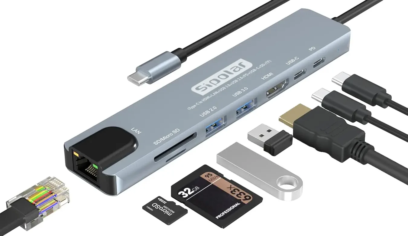 هاب سیپولار ۸ در ۱ مدل 8in1 SP-HU879 دارای پورت‌های‌ PD ,USB Type-C ,USB 3.0‌ ,USB 2.0‌ ,HDMI شبکه RG45 و کارت‌خوان‌های SD و TF با قابلیت اتصال آداپتور