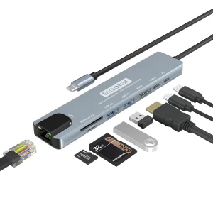 هاب سیپولار ۸ در ۱ مدل 8in1 SP-HU879 دارای پورت‌های‌ PD ,USB Type-C ,USB 3.0‌ ,USB 2.0‌ ,HDMI شبکه RG45 و کارت‌خوان‌های SD و TF با قابلیت اتصال آداپتور