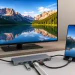 اتصال گوشی سازگار به تلویزیون با کابل HDMI و هاب USB-C