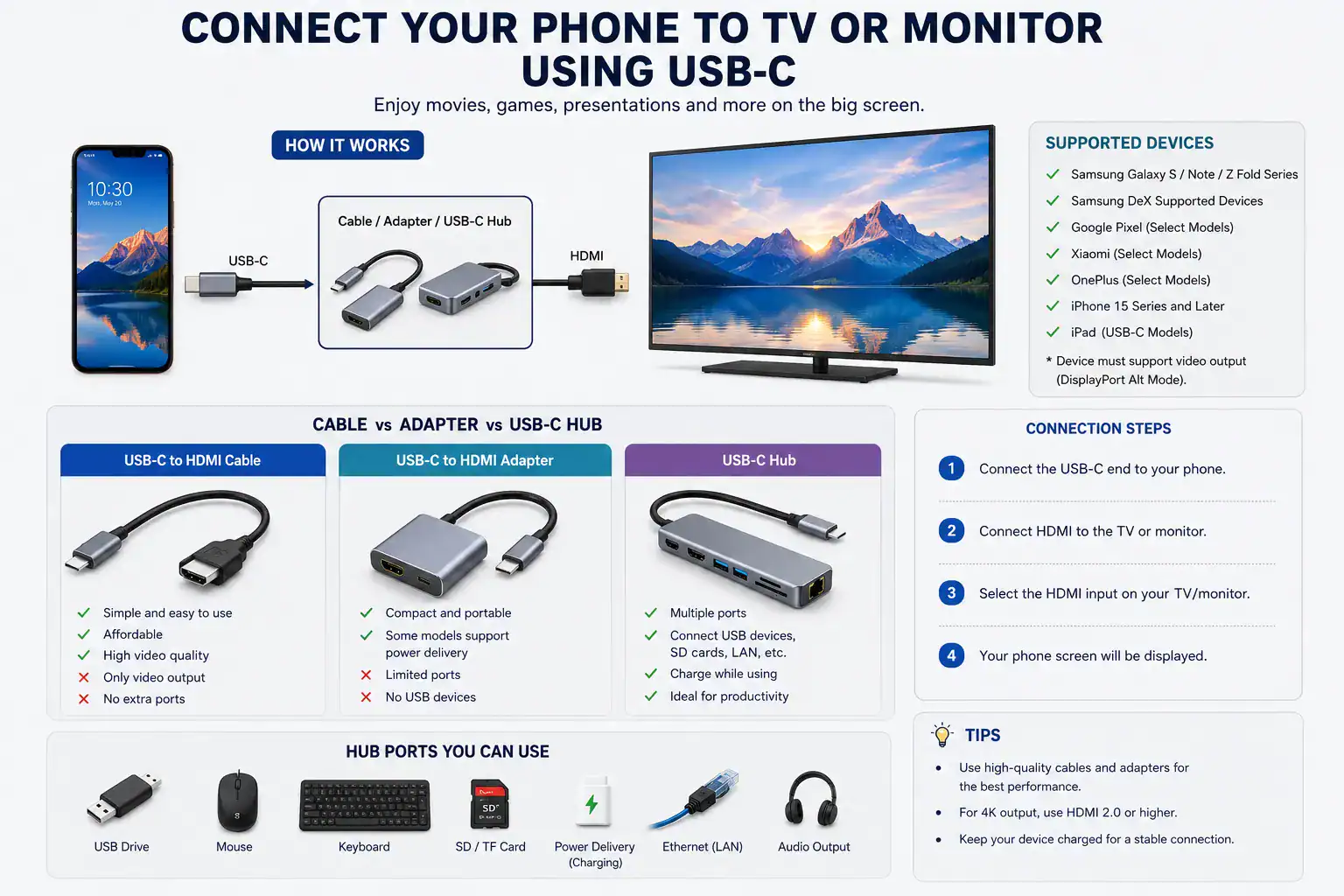 راهنمای اتصال گوشی به تلویزیون با کابل HDMI و مبدل USB-C